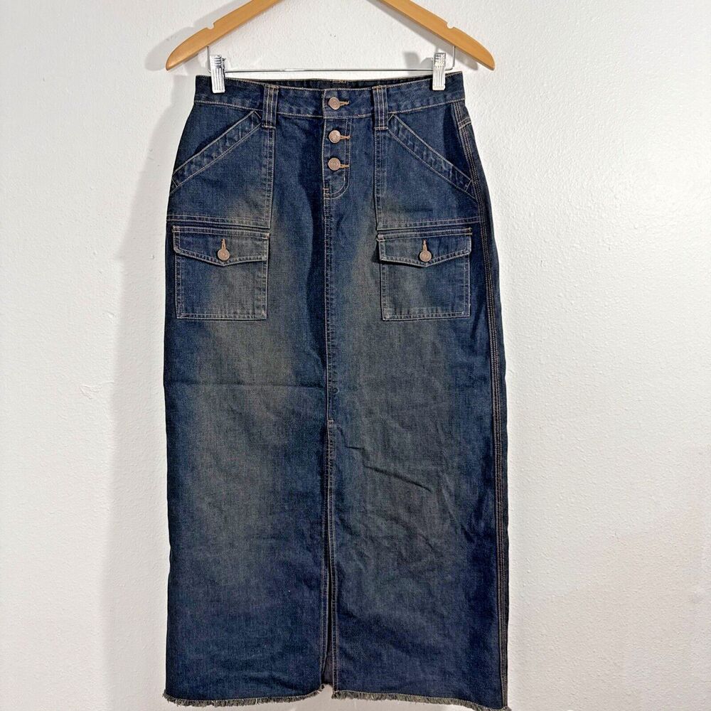Vtg No Boundaries Denim Skirt Womens 7 Y2K 90s Patch Pockets Western Modest